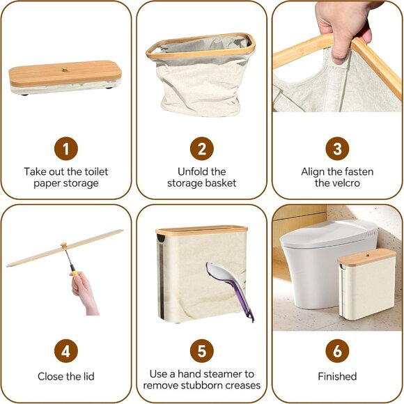 Toilet Paper Storage w/Bamboo Lid, 33.8L Foldable Toilet Paper Basket Organizer - Picture 7 of 7